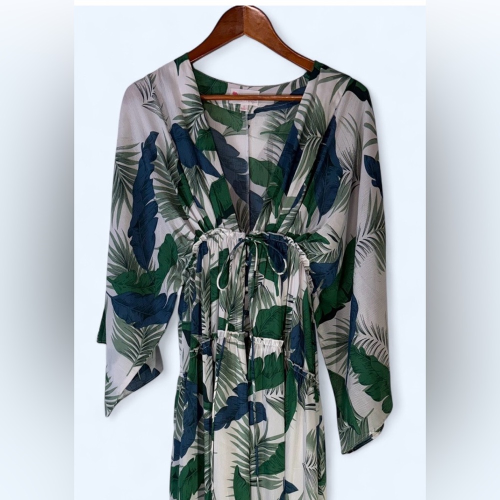 L'atsite By Amy Blue Green Bold Floral Boho Maxi Dress Kaftan Women's Small